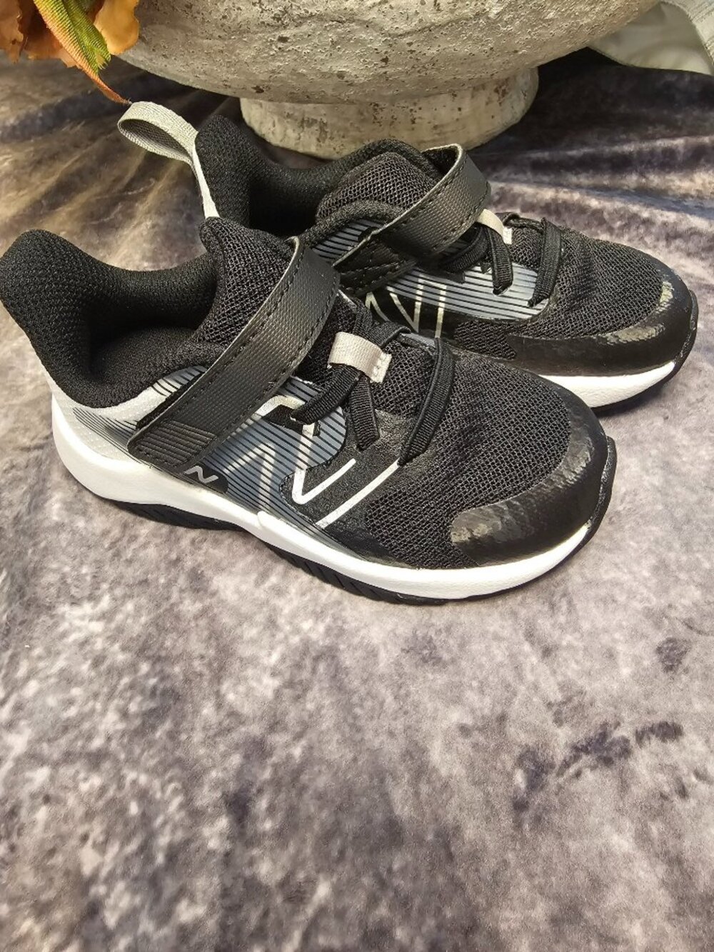 New Balance Kids Black & White Strap Running Shoes